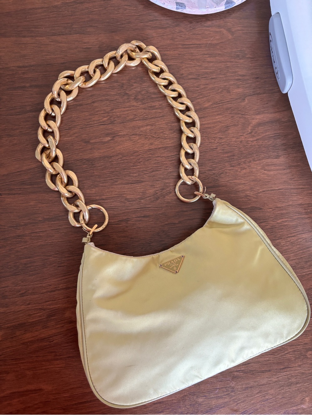 Prada Pale Yellow Shoulder Bag with Gold Chain Strap